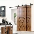 thumbnail image 1 of Homacer Black Rustic Single Track Bypass Sliding Barn Door Hardware Kit, for Two/Double Doors, 7.5ft Long Flat Track, Classic Design Roller, Heavy Duty, for Interior & Exterior Use, 1 of 7