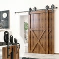 thumbnail image 1 of Homacer Black Rustic Single Track Bypass Sliding Barn Door Hardware Kit, for Two/Double Doors, 7ft Long Flat Track, Spoke Wheel Design Roller, Heavy Duty, for Interior & Exterior Use, 1 of 7