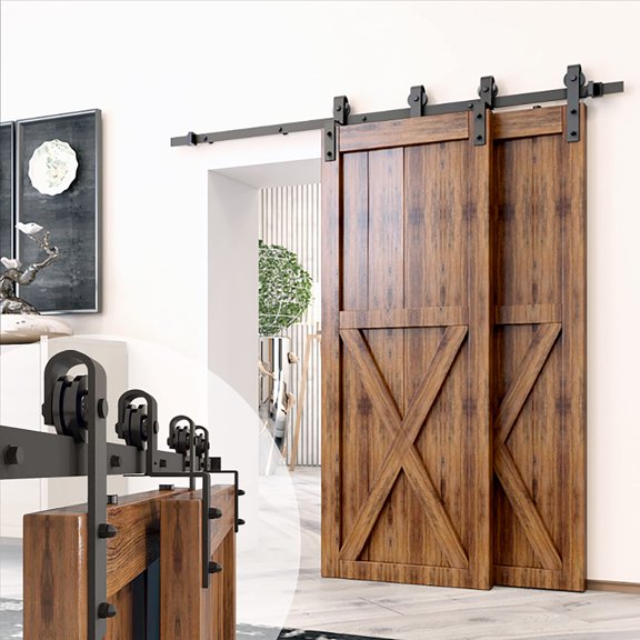 Homacer Black Rustic Single Track Bypass Sliding Barn Door Hardware Kit, for Two/Double Doors, 4ft Long Flat Track, Classic Design Roller,