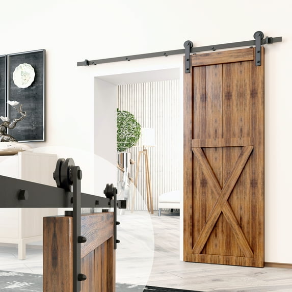 Homacer Black Rustic Sliding Barn Door Hardware Kit, for One/Single Door, 14ft Long Flat Track, Straight Design Roller, Heavy Duty, for Interior & Exterior Use