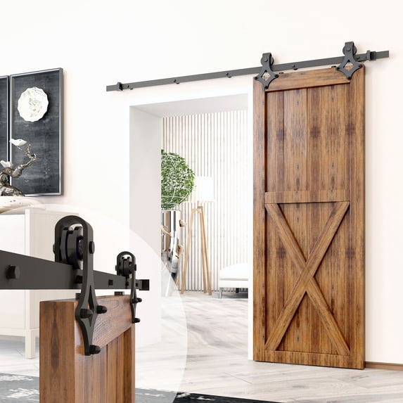 Homacer Black Rustic Sliding Barn Door Hardware Kit, for One/Single Door, 20ft Long Flat Track, Diamond Design Roller, Heavy Duty, for Interior & Exterior Use