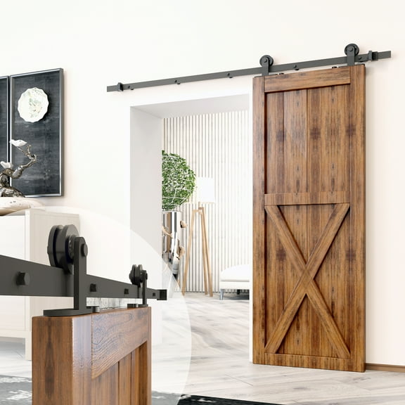 Homacer Black Rustic Sliding Barn Door Hardware Kit, for One/Single Door, 4.5ft Long Flat Track, T-Shape Design Roller, Heavy Duty, for Interior & Exterior Use