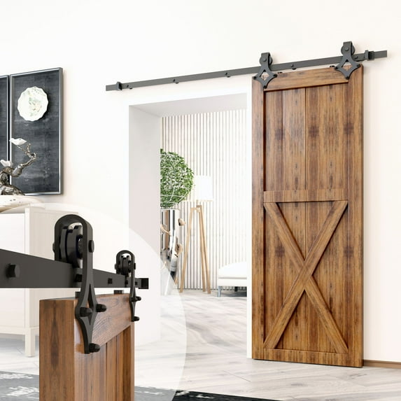 Homacer Black Rustic Sliding Barn Door Hardware Kit, for One/Single Door, 5.5ft Long Flat Track, Diamond Design Roller, Heavy Duty, for Interior & Exterior Use