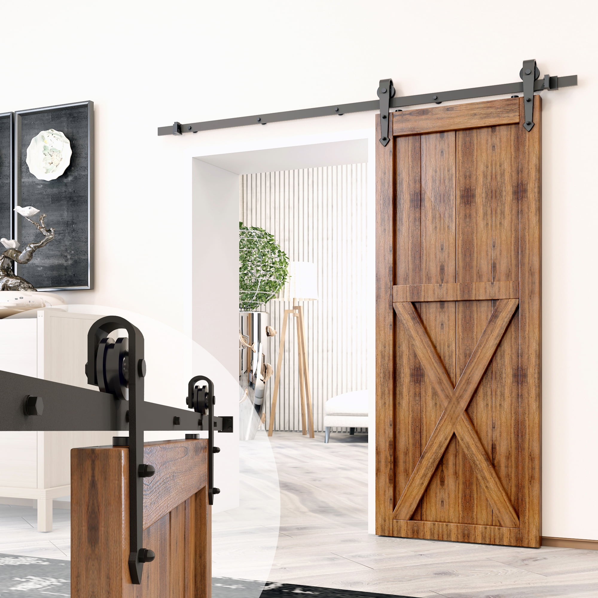 Rustic Black Sliding Barn Door Hardware Kit with Arrow Design Roller