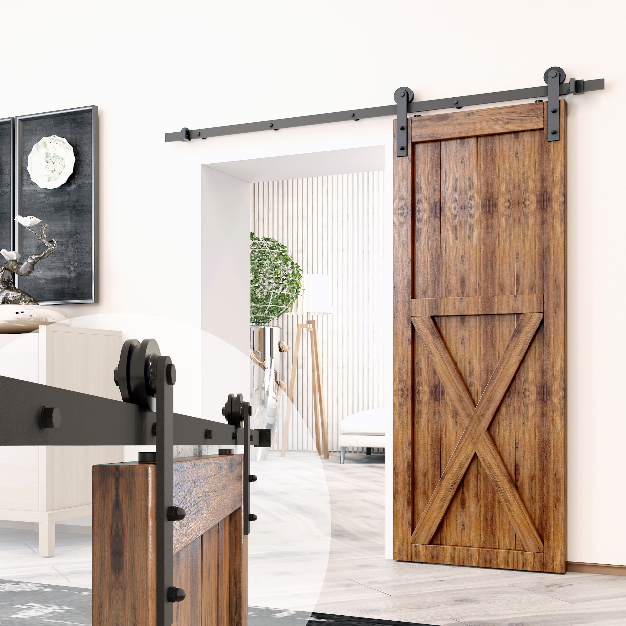 Homacer Black Rustic Sliding Barn Door Hardware Kit, for OneSingle Door, 5ft Long Flat Track, Straight Design Roller, Heavy Duty, for Interior & Exterior Use