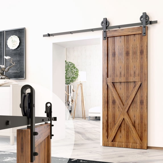 Homacer Black Rustic Sliding Barn Door Hardware Kit, for One/Single Door, 6ft Long Flat Track, Spoke Wheel Design Roller, Heavy Duty, for Interior & Exterior Use
