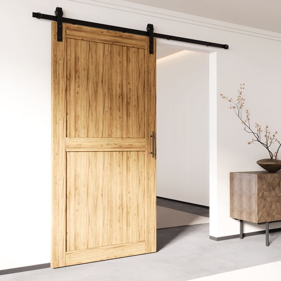 Homacer Black Rustic Sliding Barn Door Hardware Kit, for One/Single Door, 7ft Long Flat Track, Classic Design Roller, Heavy Duty, for Interior & Exterior Use