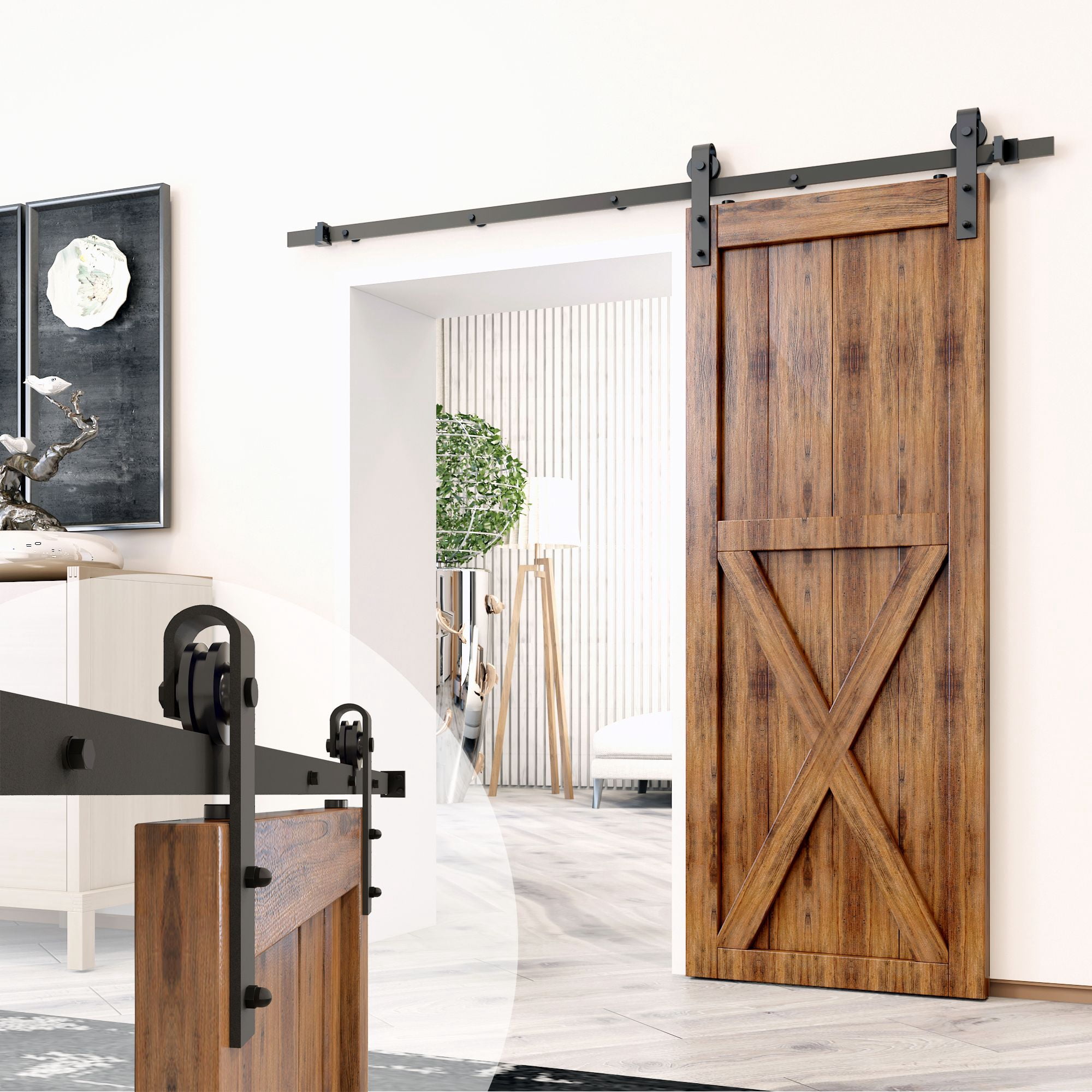 Homacer Black Rustic Sliding Barn Door Hardware Kit, for One/Single Door, 7ft Long Flat Track, Classic Design Roller, Heavy Duty, for Interior & Exterior Use
