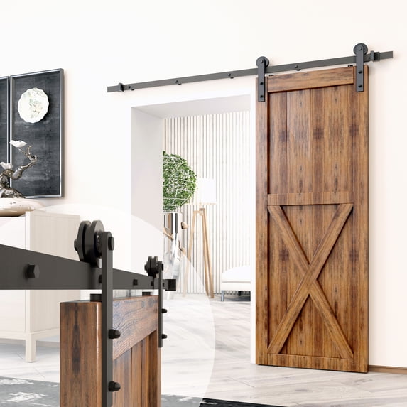 Homacer Black Rustic Sliding Barn Door Hardware Kit, for One/Single Door, 7ft Long Flat Track, Straight Design Roller, Heavy Duty, for Interior & Exterior Use