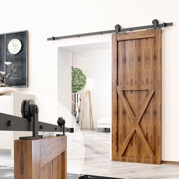 Homacer Black Rustic Sliding Barn Door Hardware Kit, for One/Single Door, 8ft Long Flat Track, T-Shape Design Roller, Heavy Duty, for Interior & Exterior Use