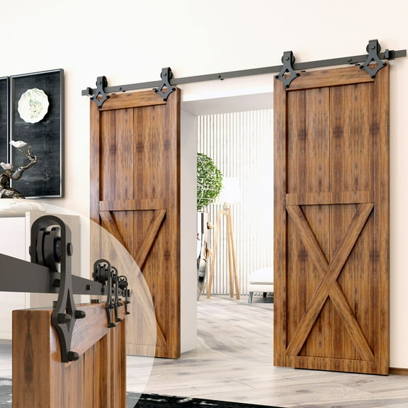 Homacer Black Rustic Sliding Barn Door Hardware Kit, for Two/Double Doors, 11ft Long Flat Track, Diamond Design Roller, Heavy Duty, for Interior & Exterior Use