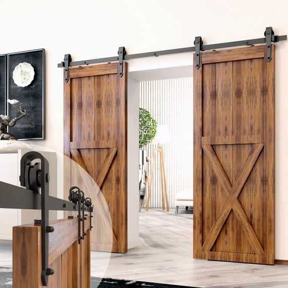 Homacer Black Rustic Sliding Barn Door Hardware Kit, for Two/Double Doors, 12ft Long Flat Track, Arrow Design Roller, Heavy Duty, for Interior & Exterior Use