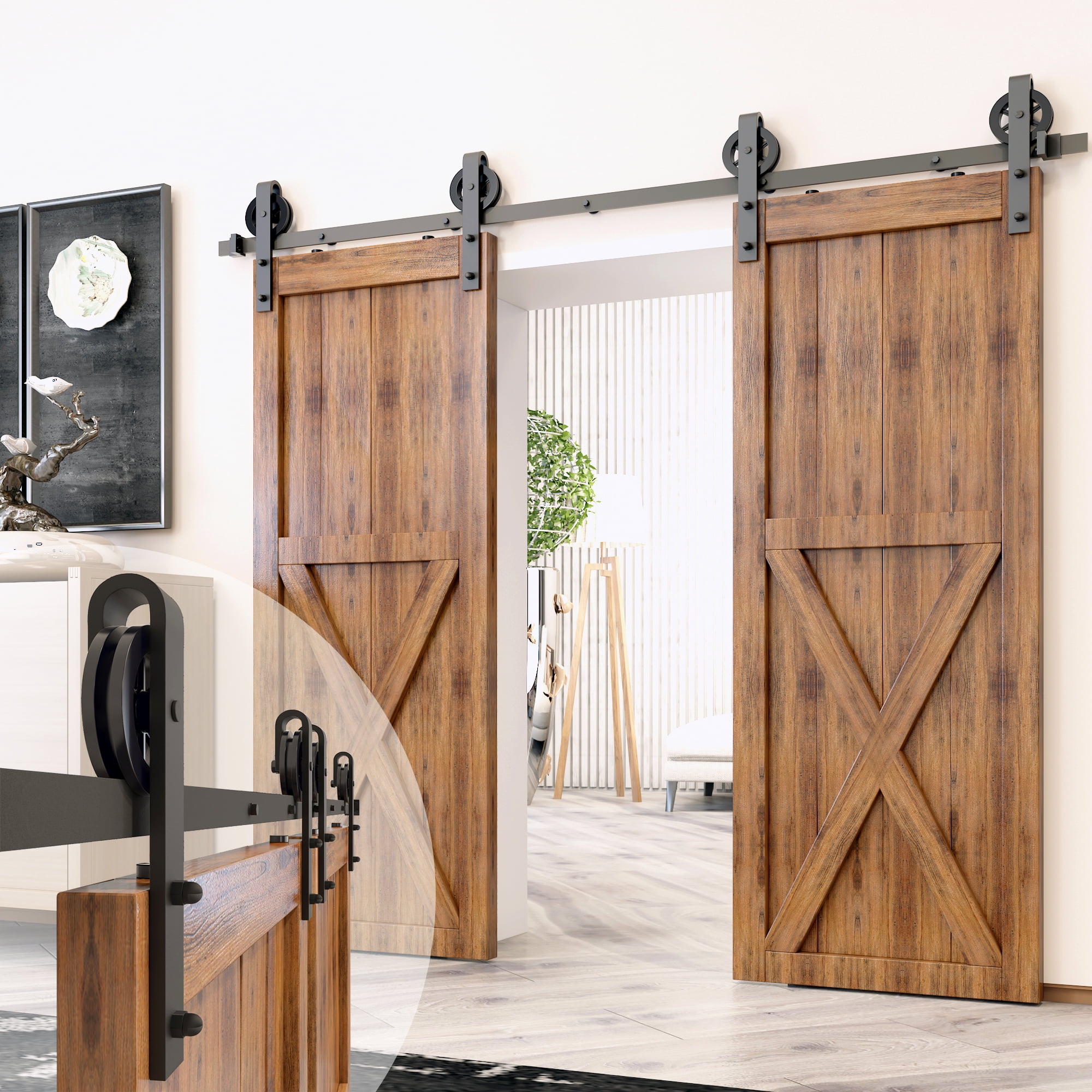 Rustic Black Double Sliding Barn Door Hardware Kit with Spoke Wheel Design