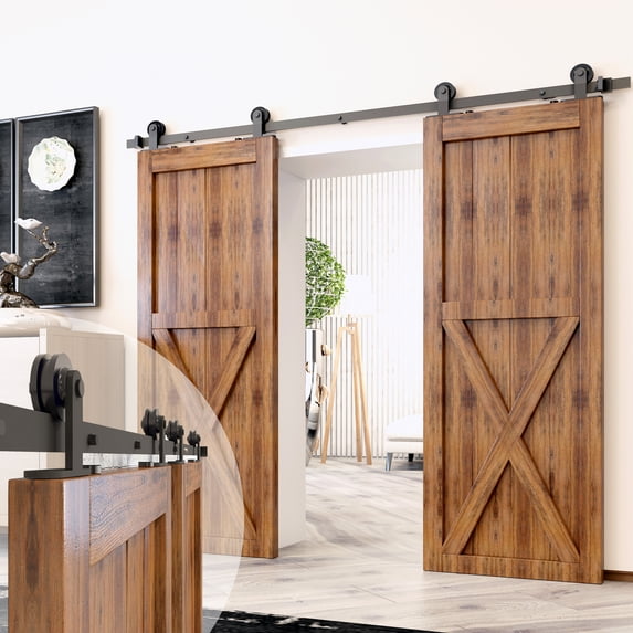 Homacer Black Rustic Sliding Barn Door Hardware Kit, for Two/Double Doors, 8ft Long Flat Track, T-Shape Design Roller, Heavy Duty, for Interior & Exterior Use