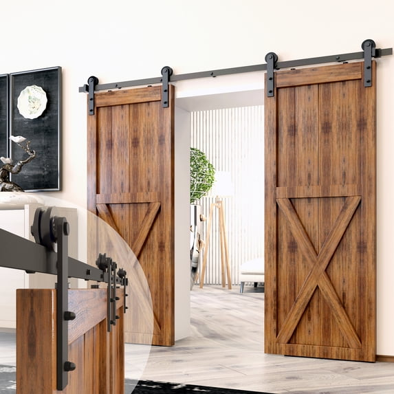 Homacer Black Rustic Sliding Barn Door Hardware Kit, for Two/Double Doors, 9ft Long Flat Track, Straight Design Roller, Heavy Duty, for Interior & Exterior Use