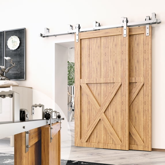 Homacer Brushed Nickel Double Track U-Shape Bypass Sliding Barn Door Hardware Kit, for Two/Double Doors, 10ft Long Flat Track, Straight Design Roller, Heavy Duty, for Interior & Exterior Use