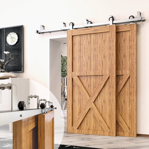 Homacer Brushed Nickel Double Track U-Shape Bypass Sliding Barn Door Hardware Kit, for Two/Double Doors, 5.5ft Long Flat Track, T-Shape Design Roller, Heavy Duty, for Interior & Exterior Use