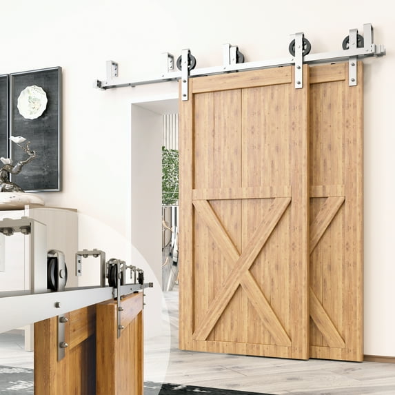 Homacer Brushed Nickel Double Track U-Shape Bypass Sliding Barn Door Hardware Kit, for Two/Double Doors, 6.6ft Long Flat Track, Spoke Wheel Design Roller, Heavy Duty, for Interior & Exterior Use