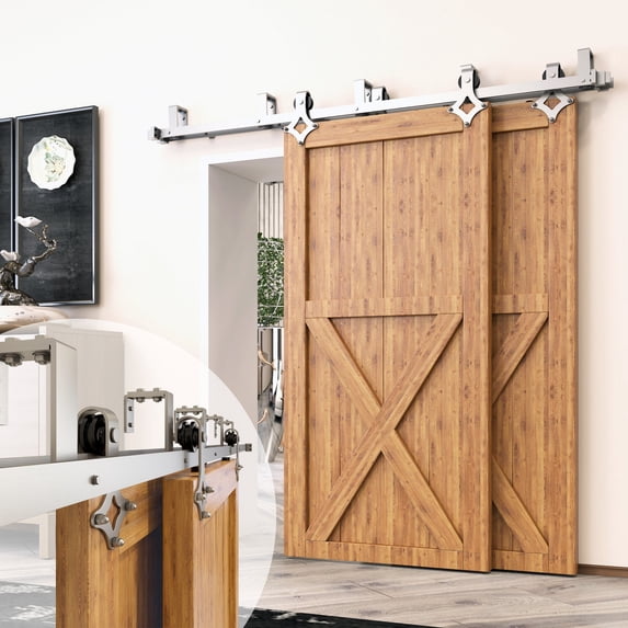 Homacer Brushed Nickel Double Track U-Shape Bypass Sliding Barn Door Hardware Kit, for Two/Double Doors, 6ft Long Flat Track, Diamond Design Roller, Heavy Duty, for Interior & Exterior Use