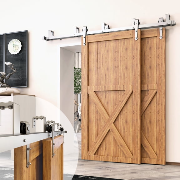 Homacer Brushed Nickel Double Track U-Shape Bypass Sliding Barn Door Hardware Kit, for Two/Double Doors, 7.5ft Long Flat Track, Arrow Design Roller, Heavy Duty, for Interior & Exterior Use