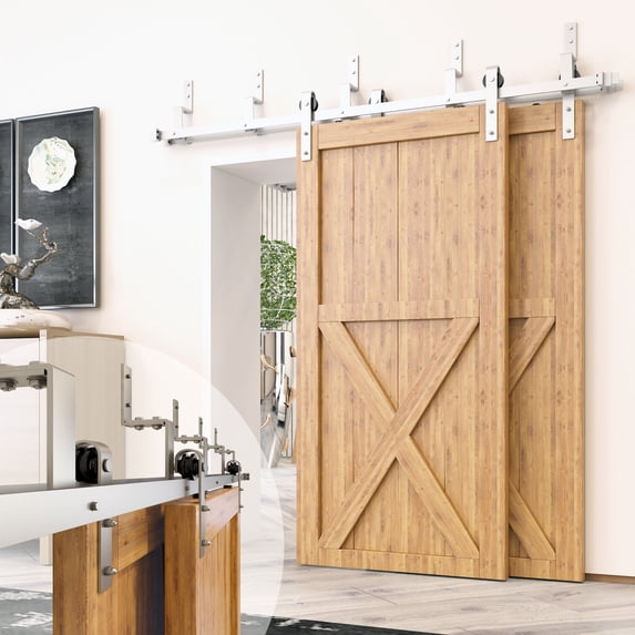 Homacer Brushed Nickel Double Track Z-Shape Bypass Sliding Barn Door Hardware Kit, for Two/Double Doors, 13ft Long Flat Track, Classic Design Roller, Heavy Duty, for Interior Use