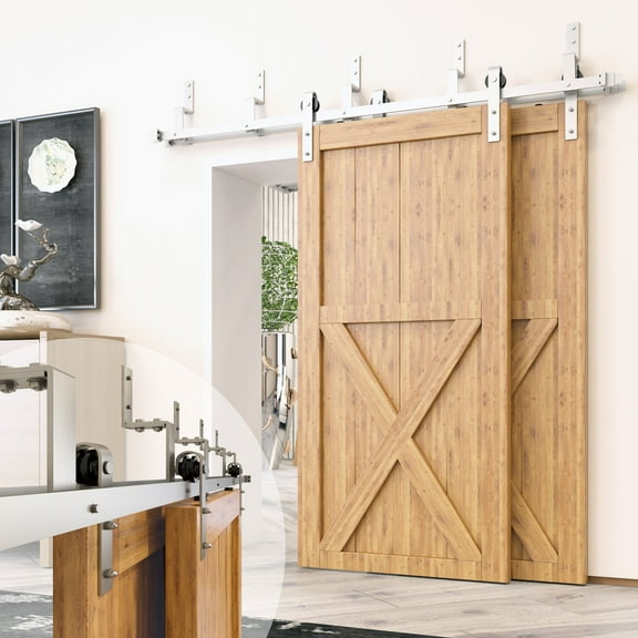 Homacer Brushed Nickel Double Track Z-Shape Bypass Sliding Barn Door Hardware Kit, for Two/Double Doors, 18ft Long Flat Track, Classic Design Roller, Heavy Duty, for Interior Use