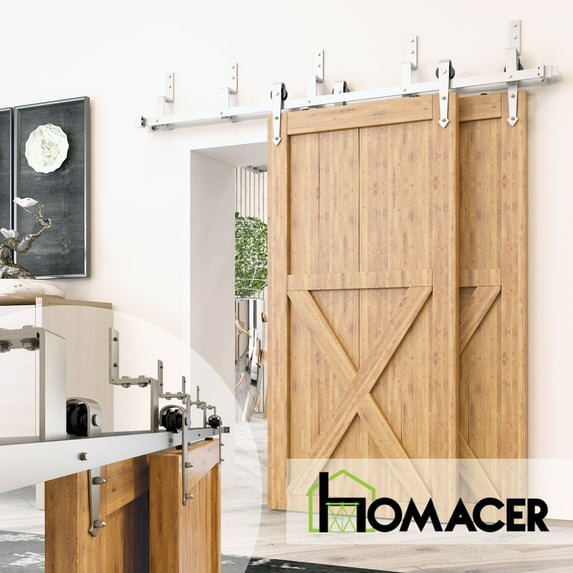 Homacer Brushed Nickel Double Track Z-Shape Bypass Sliding Barn Door Hardware Kit, for Two/Double Doors, 4ft Long Flat Track, Arrow Design Roller, Heavy Duty, for Interior Use