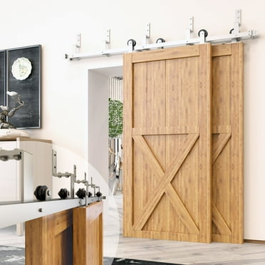 Homacer Brushed Nickel Double Track Z-Shape Bypass Sliding Barn Door Hardware Kit, for Two/Double Doors, 6.6ft Long Flat Track, T-Shape Design Roller, Heavy Duty, for Interior & Exterior Use