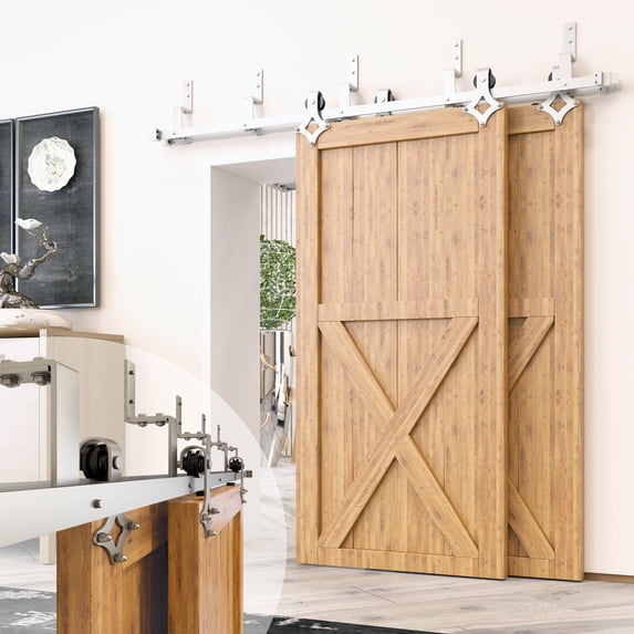 Homacer Brushed Nickel Double Track Z-Shape Bypass Sliding Barn Door Hardware Kit, for Two/Double Doors, 8ft Long Flat Track, Diamond Design Roller, Heavy Duty, for Interior Use