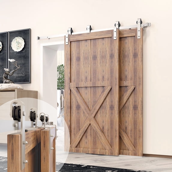Homacer Brushed Nickel Single Track Bypass Sliding Barn Door Hardware Kit, for Two/Double Doors, 10ft Long Flat Track, Classic Design Roller, Heavy Duty, for Interior Use