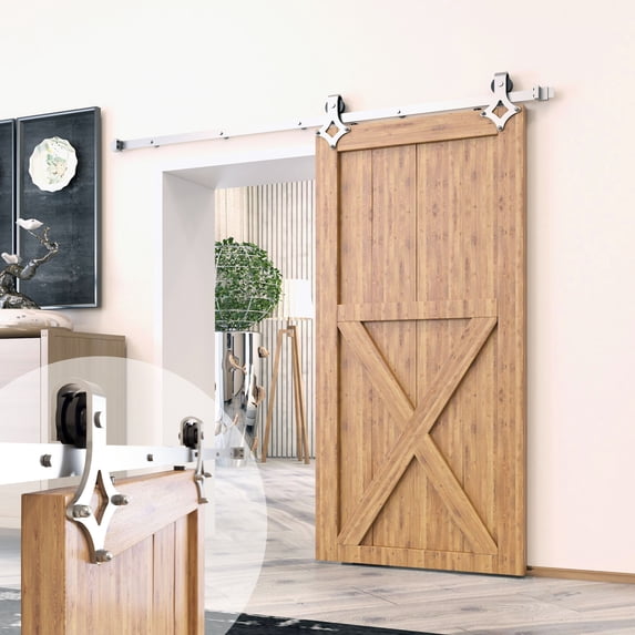 Homacer Brushed Nickel Sliding Barn Door Hardware Kit, for One/Single Door, 15ft Long Flat Track, Diamond Design Roller, Heavy Duty, for Interior & Exterior Use