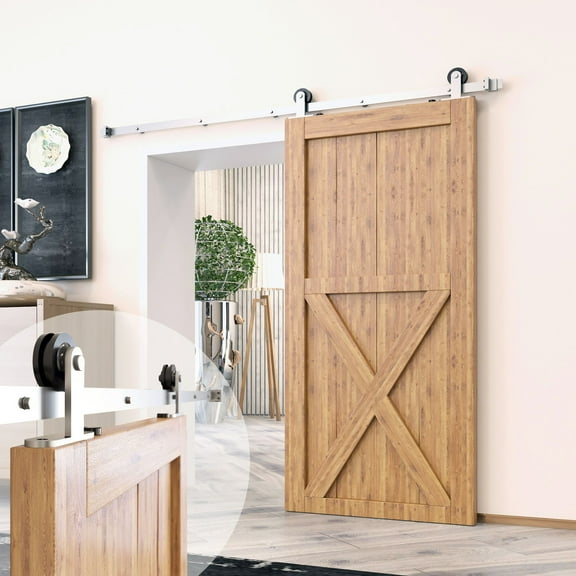 Homacer Brushed Nickel Sliding Barn Door Hardware Kit, for One/Single Door, 4.5ft Long Flat Track, T-Shape Design Roller, Heavy Duty, for Interior & Exterior Use