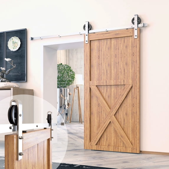 Homacer Brushed Nickel Sliding Barn Door Hardware Kit, for One/Single Door, 8ft Long Flat Track, Spoke Wheel Design Roller, Heavy Duty, for Interior & Exterior Use