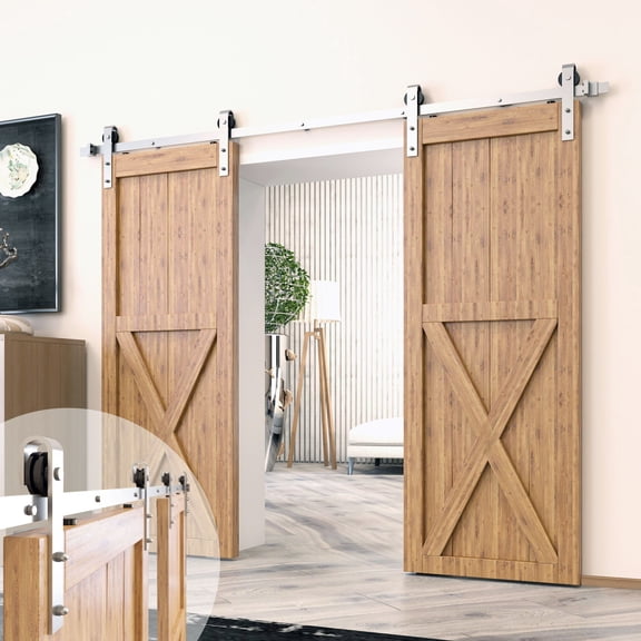 Homacer Brushed Nickel Sliding Barn Door Hardware Kit, for Two/Double Doors, 14ft Long Flat Track, Classic Design Roller, Heavy Duty, for Interior & Exterior Use
