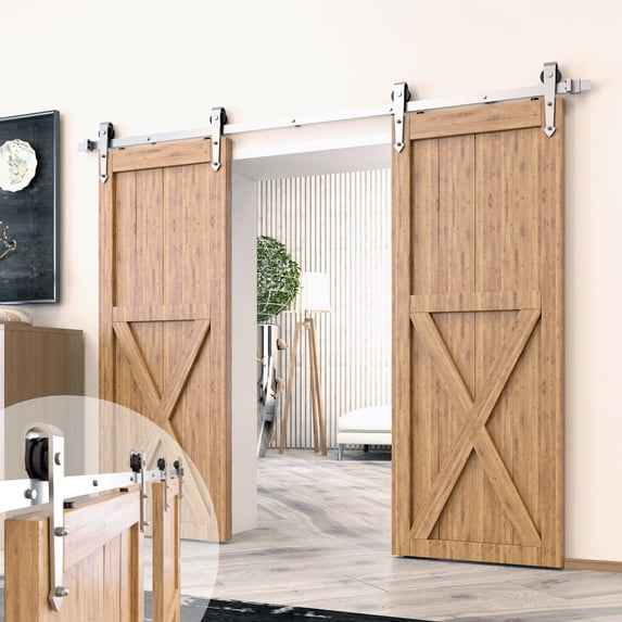 Homacer Brushed Nickel Sliding Barn Door Hardware Kit, for Two/Double Doors, 4.5ft Long Flat Track, Arrow Design Roller, Heavy Duty, for Interior & Exterior Use