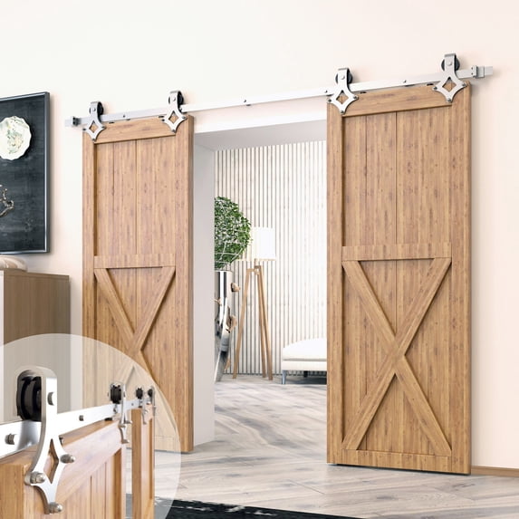 Homacer Brushed Nickel Sliding Barn Door Hardware Kit, for Two/Double Doors, 5ft Long Flat Track, Diamond Design Roller, Heavy Duty, for Interior & Exterior Use