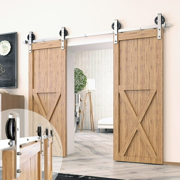 Homacer Brushed Nickel Sliding Barn Door Hardware Kit, for Two/Double Doors, 5ft Long Flat Track, Spoke Wheel Design Roller, Heavy Duty, for Interior & Exterior Use