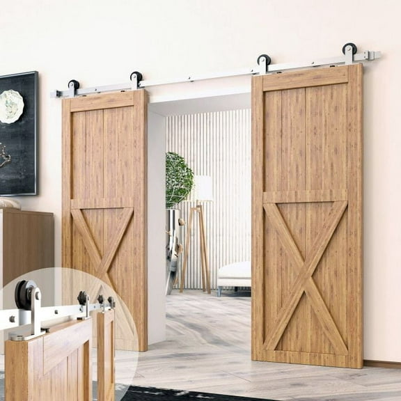 Homacer Brushed Nickel Sliding Barn Door Hardware Kit, for Two/Double Doors, 6.6ft Long Flat Track, T-Shape Design Roller, Heavy Duty, for Interior & Exterior Use