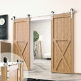thumbnail image 1 of Homacer Brushed Nickel Sliding Barn Door Hardware Kit, for Two/Double Doors, 8ft Long Flat Track, Straight Design Roller, Heavy Duty, for Interior & Exterior Use, 1 of 7
