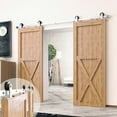 thumbnail image 1 of Homacer Brushed Nickel Sliding Barn Door Hardware Kit, for Two/Double Doors, 8ft Long Flat Track, T-Shape Design Roller, Heavy Duty, for Interior & Exterior Use, 1 of 7