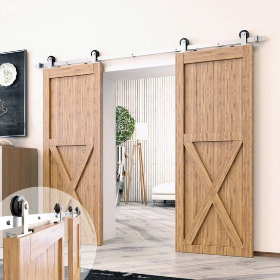 Homacer Brushed Nickel Sliding Barn Door Hardware Kit, for Two/Double Doors, 8ft Long Flat Track, T-Shape Design Roller, Heavy Duty, for Interior & Exterior Use