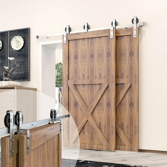 Homacer Brushed NickelSingle Track Bypass Sliding Barn Door Hardware Kit, for Two/Double Doors, 7ft Long Flat Track, Spoke Wheel Design Roller, Heavy Duty, for Interior Use
