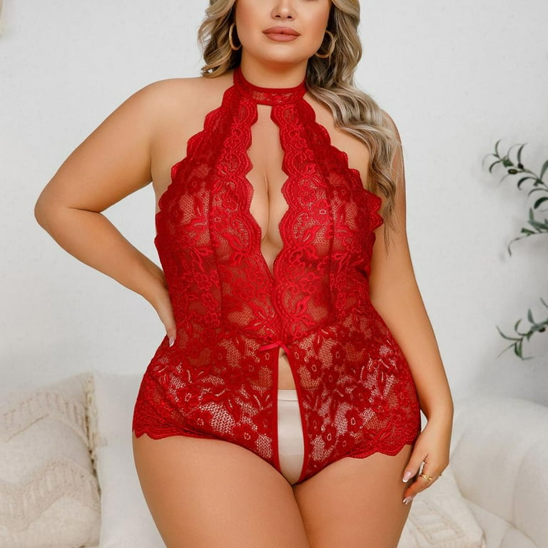 Homadles Plus Size Lingerie for Women- Cutout Sleepwear Sexy Soft One Piece  Lace Lingerie Sets Red XXL 