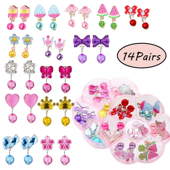 Homaful 14 Pairs Girls Clip On Earrings Cute Dangle Drop Clip-on Earrings for Girls Non Piercing Earrings Jewelry Set for Little Girls Fruit and Acrylic Princess Earrings With Storage Box for Kids