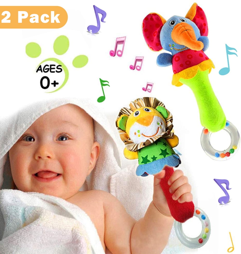 Homaful 2 Pack Baby Soft Rattle Toys Fabric Ring Rattles Shaker Infant Handbells Early Development Hand Grab Sensory Toys Stuffed Animal for 3 6 9 12 Months and Newborn Toddler Boy Girl Birthday Gift