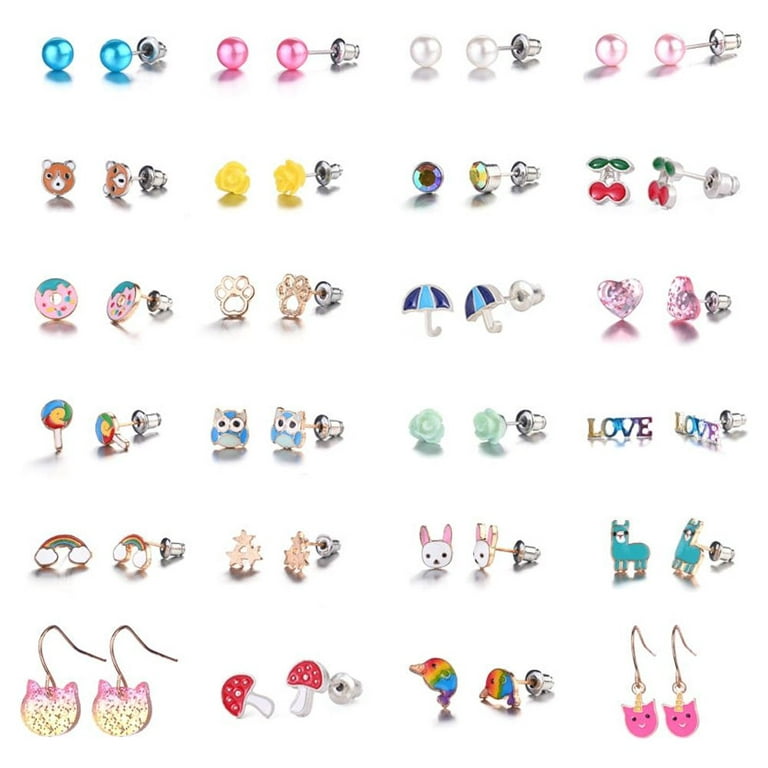 Earrings for Girls Kids Jewelry Cute Earrings Fun Colorful Stud Earrings,  Animal Rainbow Unicorn Cute Earring Jewelry Set Gifts for Teen Girls Women  24 Pairs 