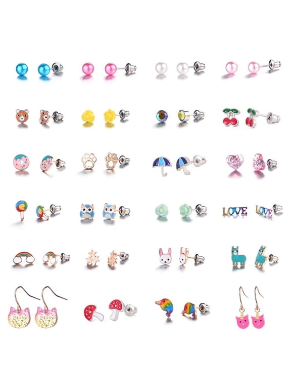 24 Pairs Hypoallergenic Sutd Earrings for Girls Sensitive Ears with Stainless Steel Post - Assorted Sytle and Vivid Color Earrings Set or Girls and Women