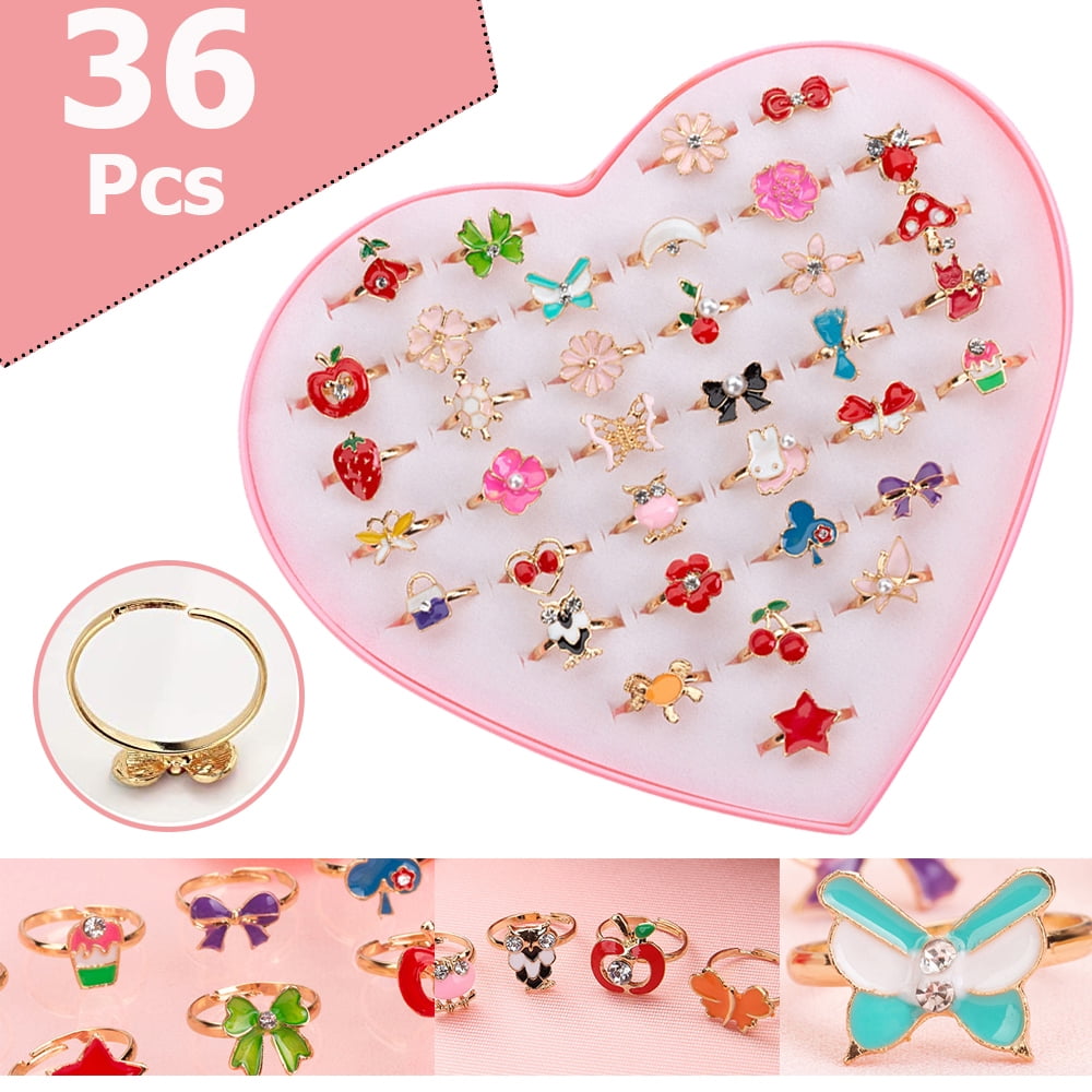 Homaful 36pcs Little Girl Adjustable Rings in Box, Girl Pretend Play ...