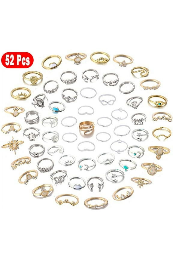 52 Pcs Knuckle Stacking Rings for Women Teen Girls,Boho Vintage Finger Rings Stackable Gold Silver Midi Rings Set Multiple Rings Set