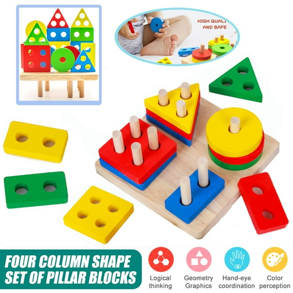Homaful Wooden Sorting & Stacking Toys for Toddlers Educational Shape Color Recognition Puzzle Stacker Early Childhood Development Puzzle Toys for 1 2 3 Year Old Boys Girls (4 Shapes-16PCS)